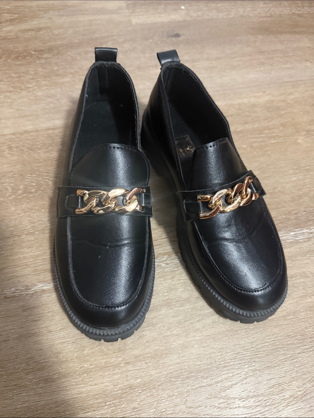 Black faux Leather Loafers with Gold Chain Detail